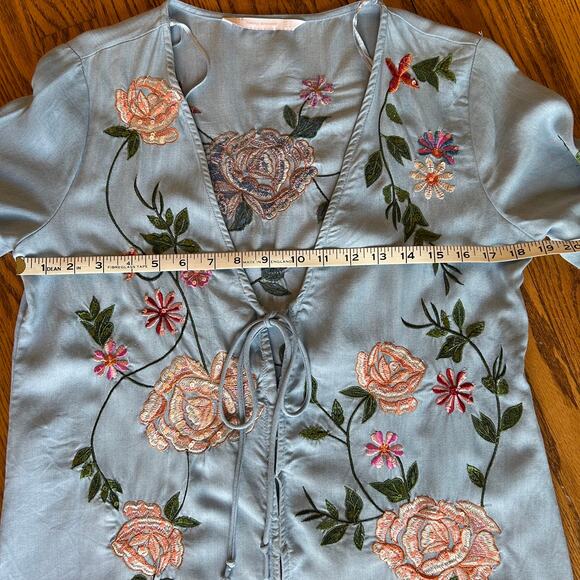 Zara Trafaluc Denimwear Floral Embroidered Kimono Light Denim Button Tie Small - Picture 15 of 16